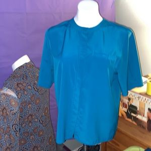 10 MIKADO TURQUOISE SHORT SLEEVED BLOUSE BREAST POCKET HIDDEN BUTTONS EUC